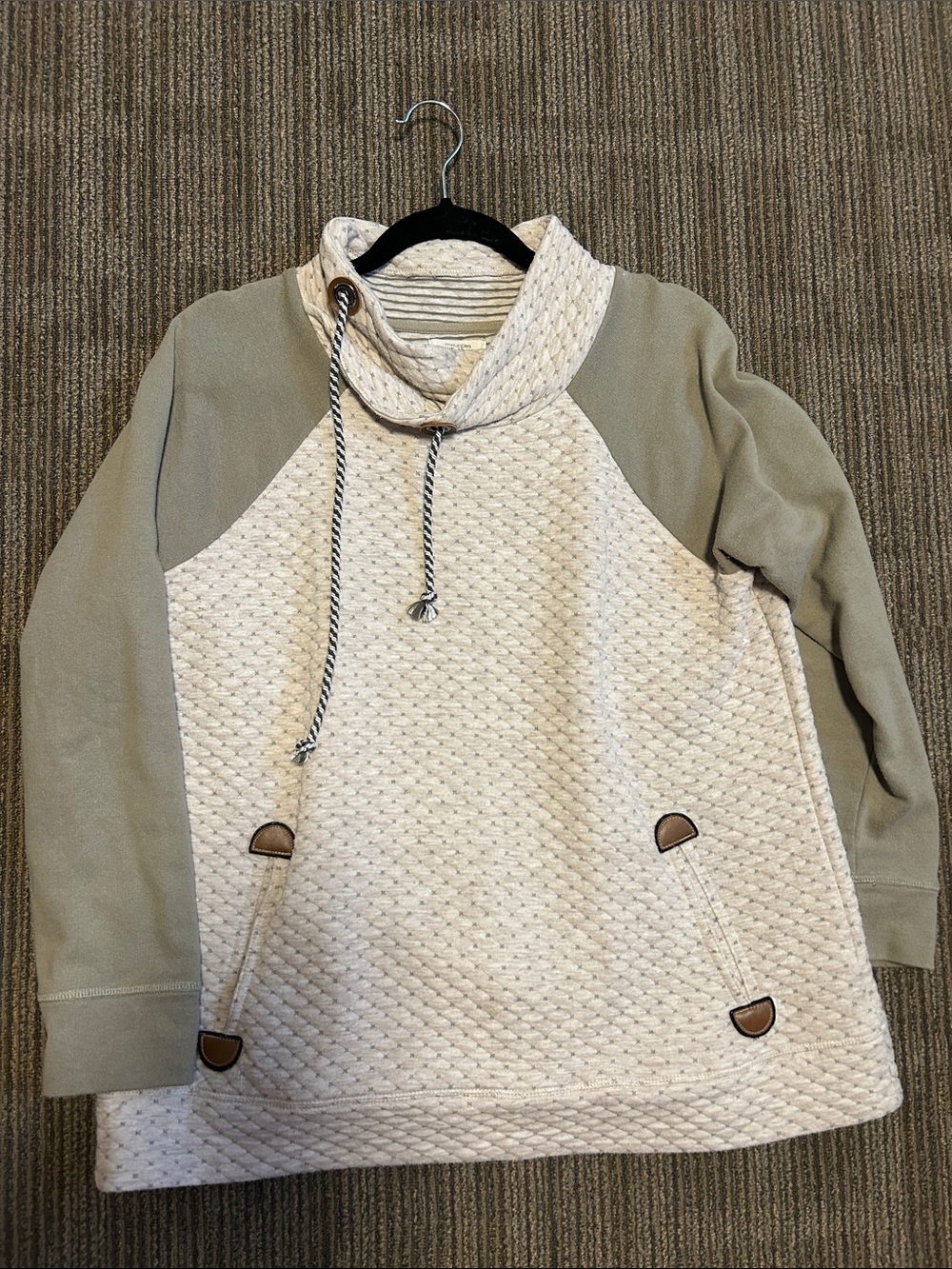 Maurices Cream Quilted Cowl Neck Pullover with Sage Sleeves
